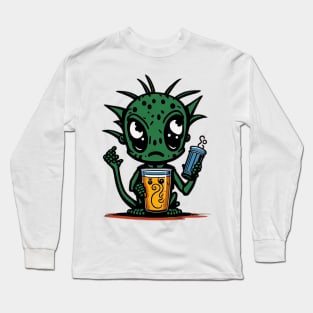 Cute Cartoonish Alien With Beer Mug Long Sleeve T-Shirt